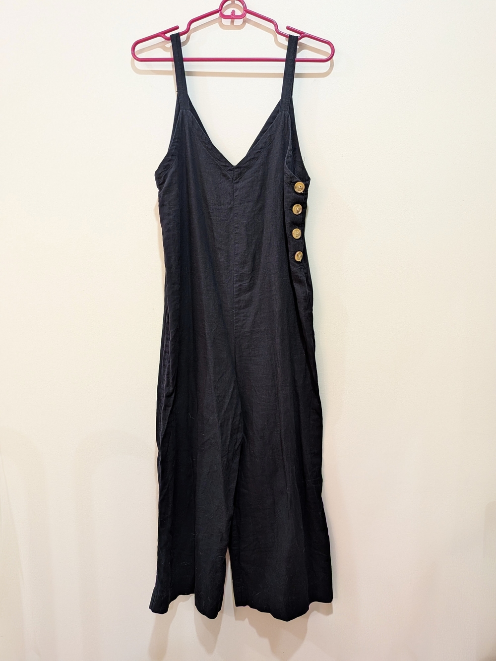 Urban Outfitters Black Linen Jumpsuit with Wood Button on side, SMALL